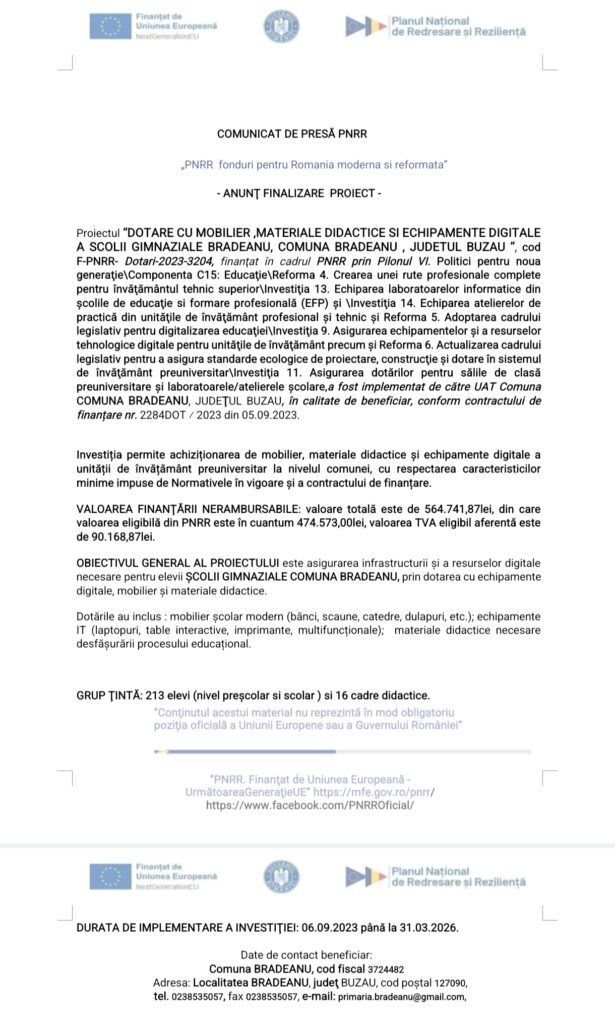 Primăria Brădeanu. Anunț finalizare proiect european. Dotare cu mobilier, materiale didactice și echipamente digitale la Școala Brădeanu 1 anunț finalizare proiect PNRR Primăria Brădeanu