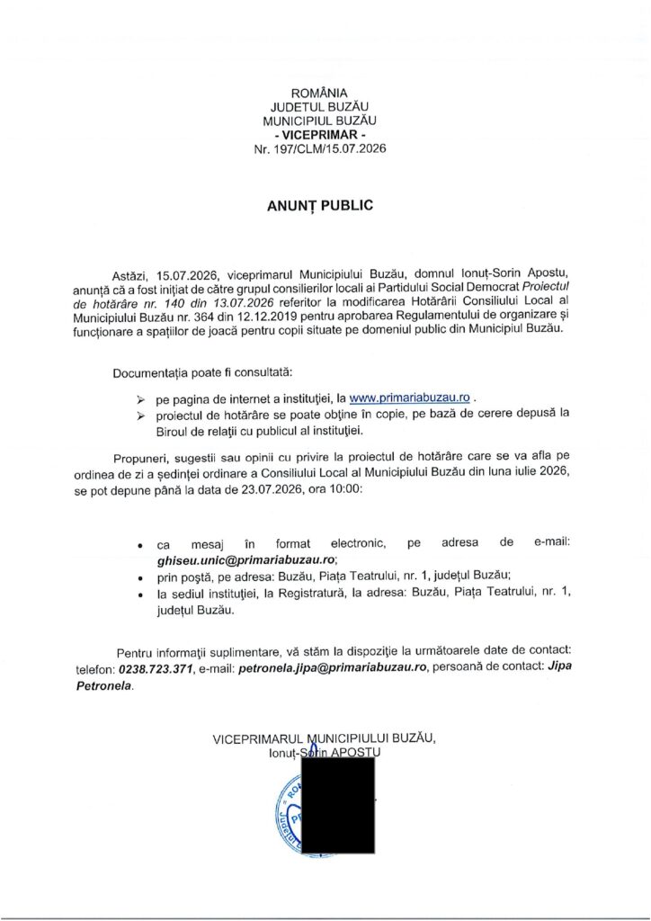 PRIMĂRIA BUZĂU. Se modifică regulamentul locurilor de joacă pentru copii 1 anunț Primăria Buzău, proiect modificare regulament locuri de joaca Buzău