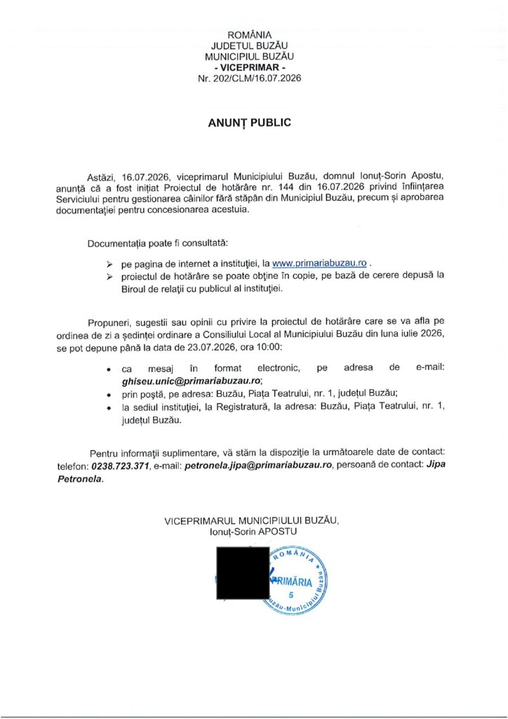 PRIMĂRIA BUZĂU. Încă o încercare. Proiect privind înființarea Serviciului pentru gestionarea câinilor fără stăpân 1 câini maidanezi Buzău, proiect serviciu gestionare câini fără stăpân Buzău