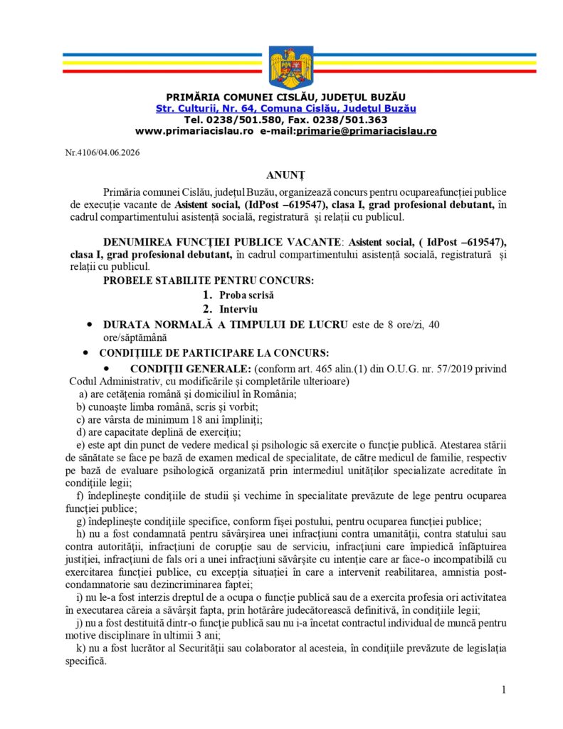 CISLĂU. Primăria angajează asistent social. Iată condițiile concursului! 1 Primăria Cislău concurs angajare asistent social