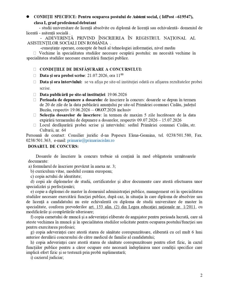 CISLĂU. Primăria angajează asistent social. Iată condițiile concursului! 2 Primăria Cislău concurs angajare asistent social