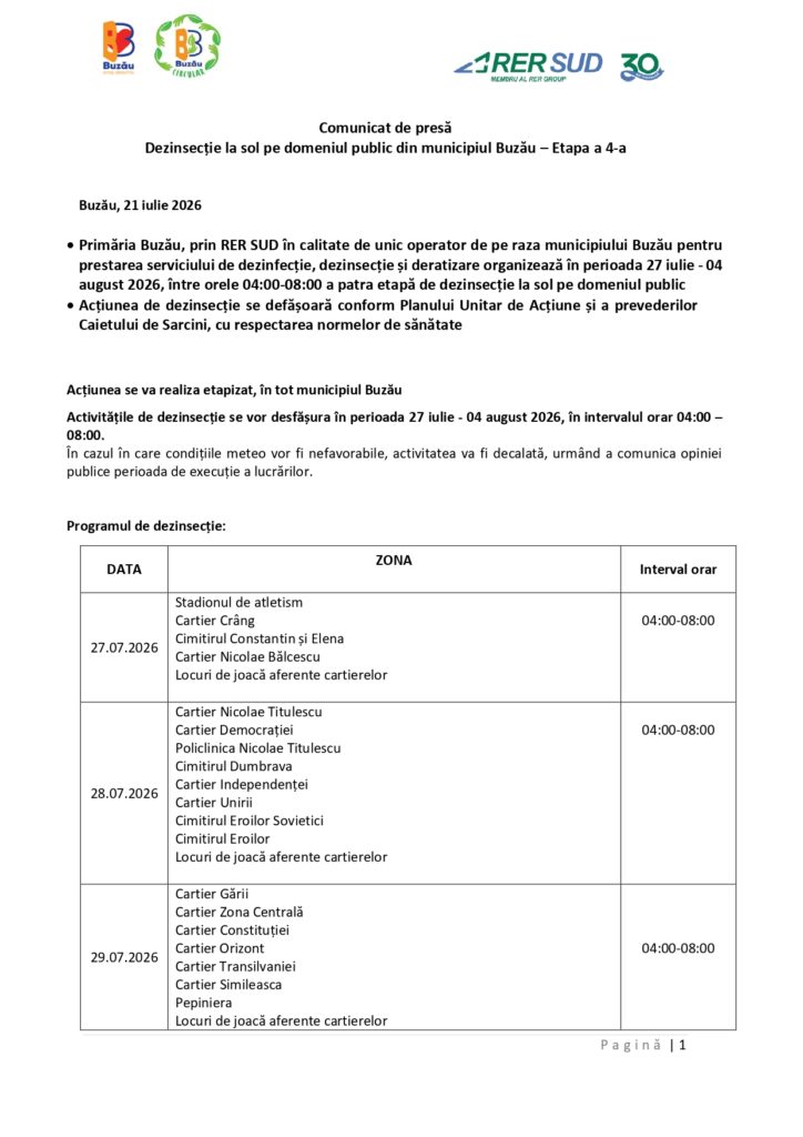 PRIMĂRIA BUZĂU, ANUNȚ despre o nouă etapă de dezinsecție la sol 1 dezinsecție Buzău etapa 4