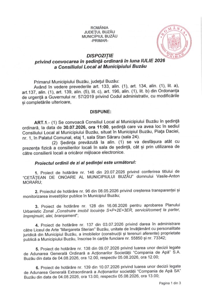 Ședință la Palatul Comunal. Ordinea de zi a CLM de joi, 30 iulie 1 anunț Primăria Buzău, proiecte CLM Buzău iulie 2026, ședință CLM Buzău iulie 2026