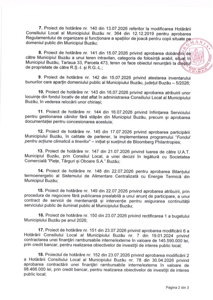 Ședință la Palatul Comunal. Ordinea de zi a CLM de joi, 30 iulie 2 anunț Primăria Buzău, proiecte CLM Buzău iulie 2026, ședință CLM Buzău iulie 2026