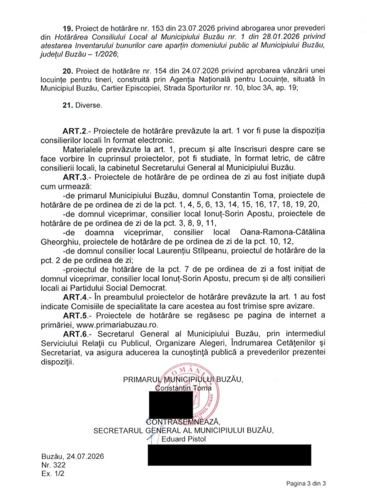 Ședință la Palatul Comunal. Ordinea de zi a CLM de joi, 30 iulie 3 anunț Primăria Buzău, proiecte CLM Buzău iulie 2026, ședință CLM Buzău iulie 2026