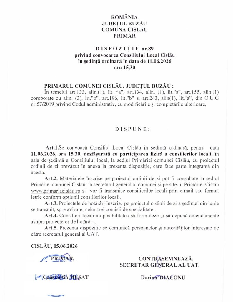 CISLĂU. Ședință la Primărie. Ce proiecte sunt pe ordinea de zi a Consiliului Local 1 anunț Primăria Cislău, ședință consiliul local Cislău
