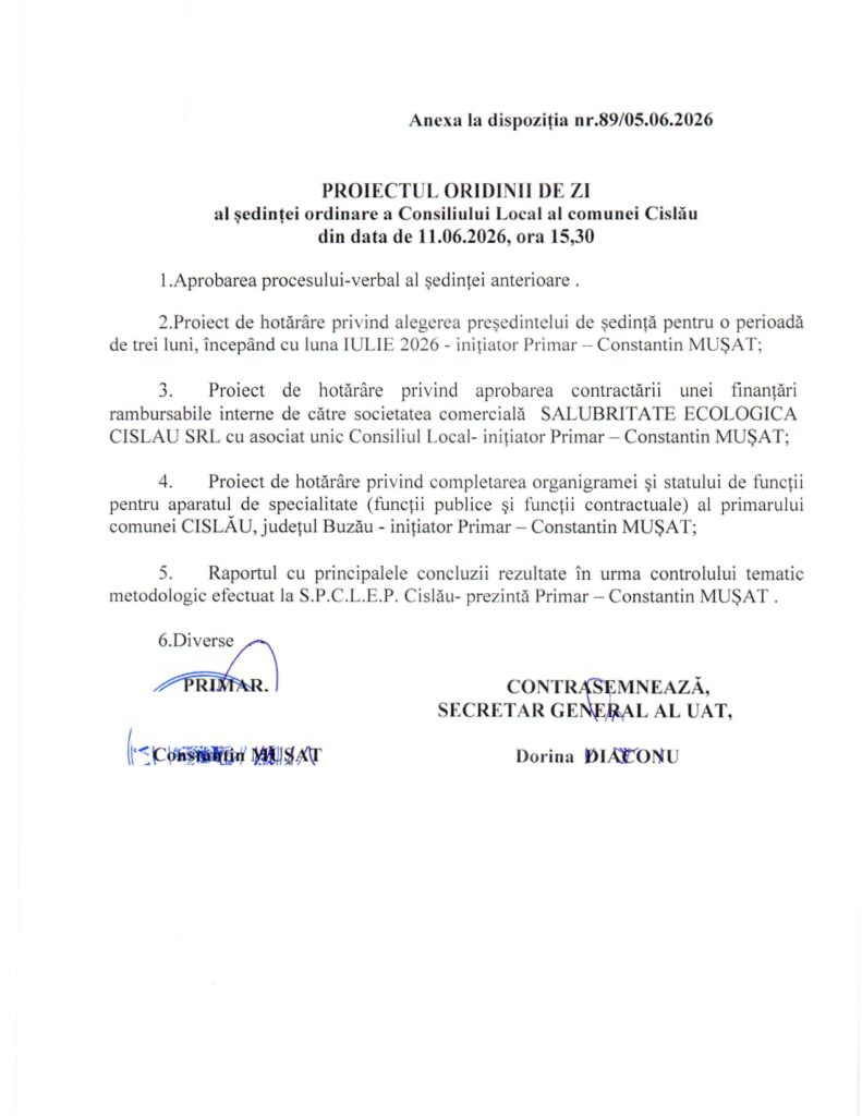 CISLĂU. Ședință la Primărie. Ce proiecte sunt pe ordinea de zi a Consiliului Local 2 anunț Primăria Cislău, ședință consiliul local Cislău