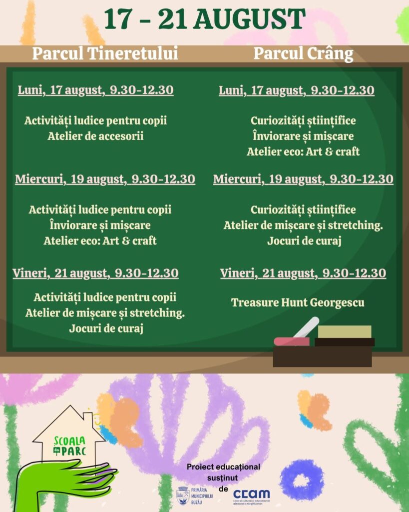 Copiii, invitați să se distreze la Școala din Parc. Iată programul săptămânii! 1 program activități Școala din Parc, Școala din Parc Buzău