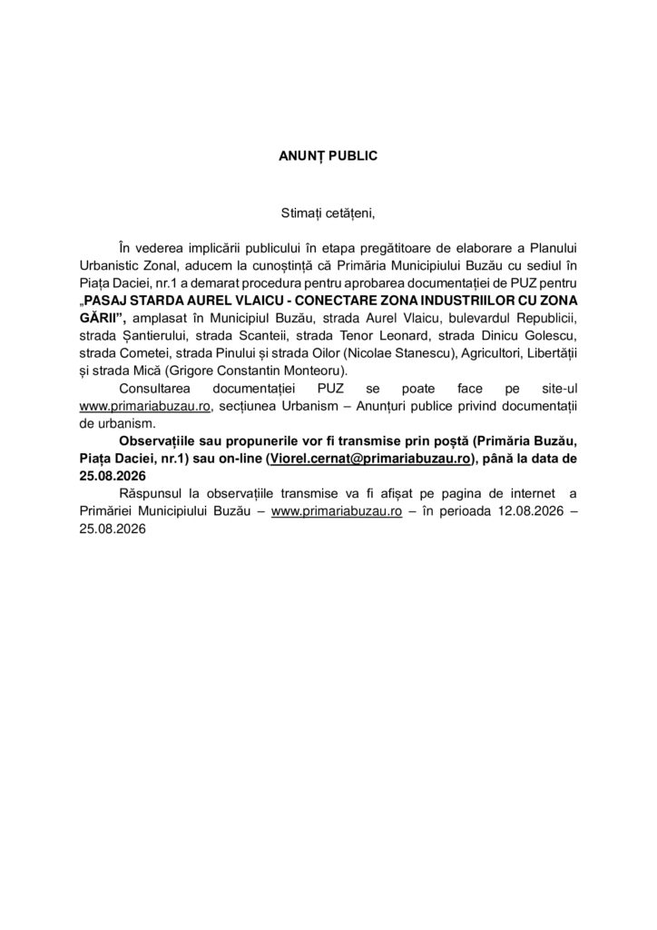 Primăria Buzău. Documentație pentru viitorul pasaj Aurel Vlaicu - conectare zona Industriilor cu zona Gării 1 documentație PUZ pasaj Aurel Vlaicu Buzău