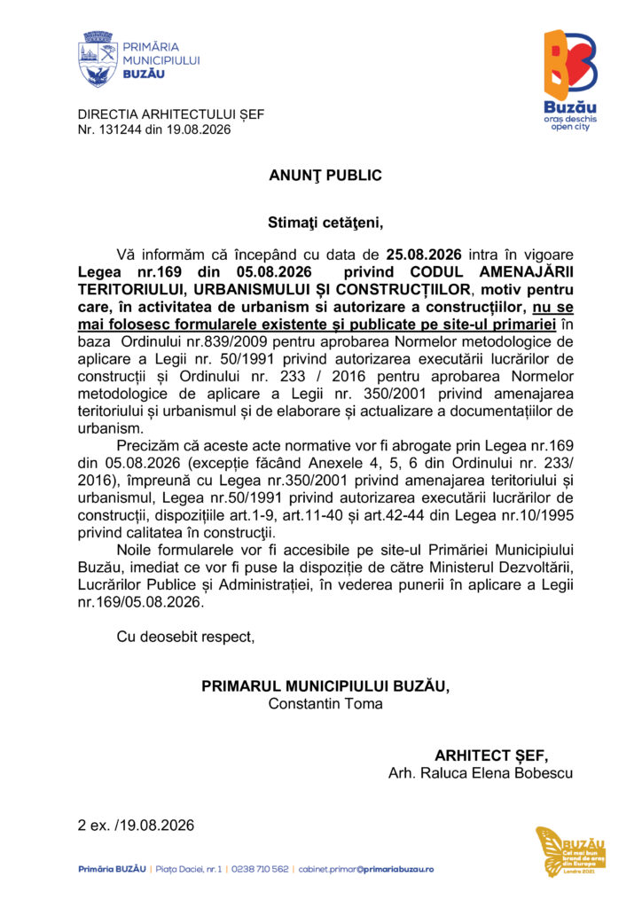 ANUNȚ IMPORTANT. PRIMĂRIA BUZĂU, despre formularele online destinate autorizării în domeniul urbanismului 1 anunț Primăria Buzău, formulare online urbanism Buzău