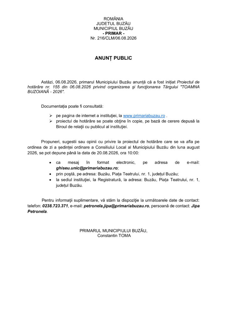 PRIMĂRIA BUZĂU. Proiect de hotărâre privind organizarea Târgului Toamna Buzoiană 1 proiect târg Toamna Buzoiană