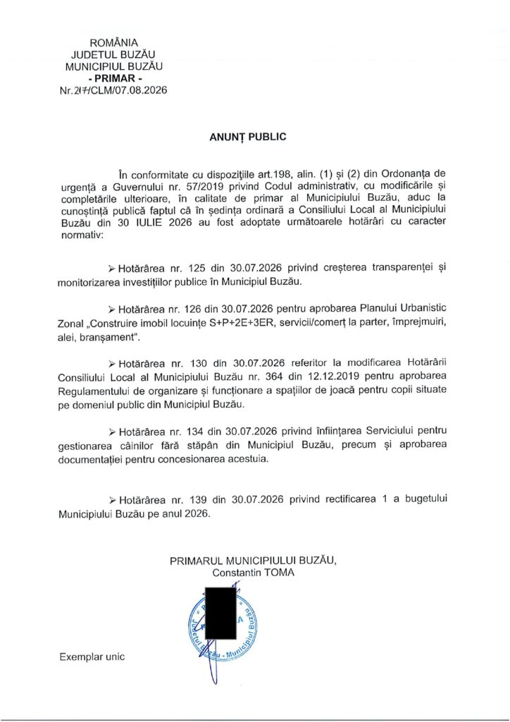 ANUNȚ. PRIMĂRIA BUZĂU. Hotărârile cu caracter normativ aprobate în ședința CLM Buzău din luna iulie 1 hotărâri caracter normativ CLM Buzău iulie