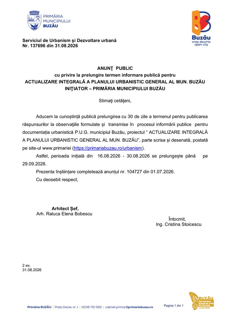 ANUNȚ PUBLIC. Actualizarea integrală a P.U.G. al municipiului Buzău 1 anunț actualizare PUG Buzău, anunț public Primăria Buzău