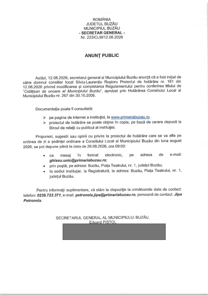 Adeverință de la CNSAS, înainte de a deveni cetățean de onoare al Buzăului. Proiectul, inițiat de consilierul Silviu Roșioru 1 anunț public Primăria Buzău
