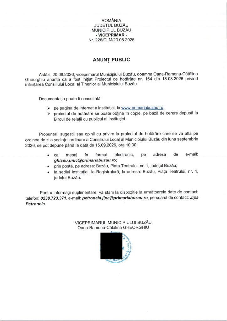 Consiliul Local al Tinerilor, proiect inițiat de viceprimarul Oana Gheorghiu 1 anunț Primăria Buzău, proiect CLM Buzău, proiect Consiliul Local al Tinerilor al municipiului Buzău, viceprimar Oana Gheorghiu