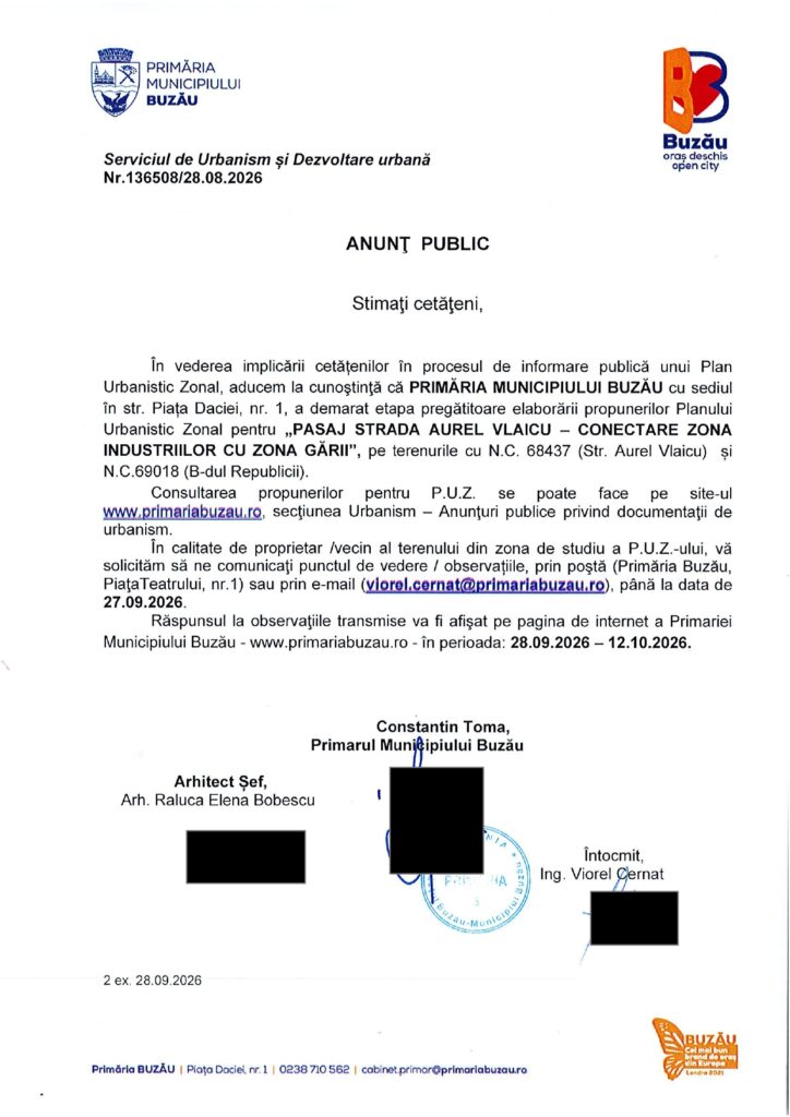 anunț Primăria Buzău, PUZ Pasaj strada Aurel Vlaicu