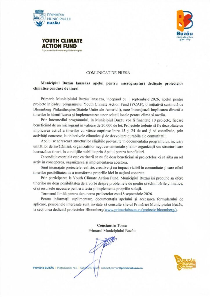 apel microgranturi tineri proiecte climatice Buzău, comunicat de presă Primăria Buzău