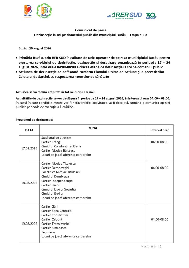 comunicat de presă Primăria Buzău, dezinsecție la sol Buzău