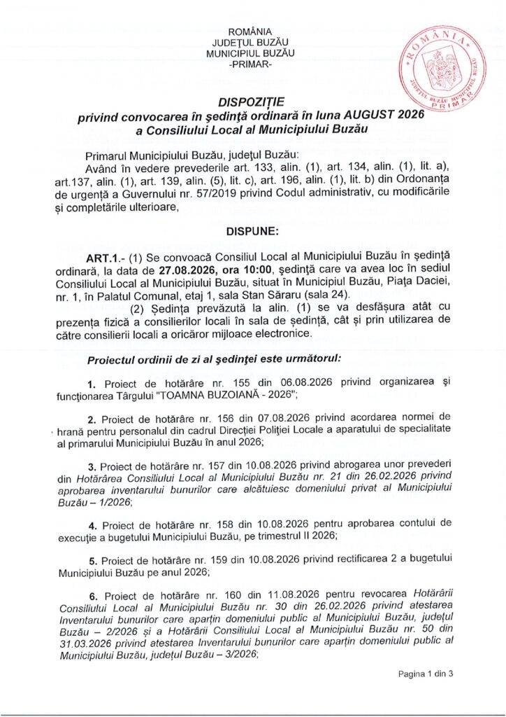 Ședință la Palatul Comunal. Ce proiecte sunt pe ordinea de zi de joi, 27 august 1 proiecte CLM Buzău august 2026, ședință CLM Buzău august 2026