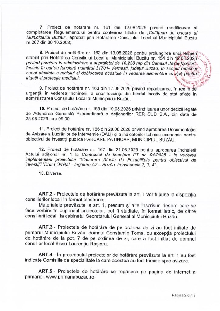 Ședință la Palatul Comunal. Ce proiecte sunt pe ordinea de zi de joi, 27 august 2 proiecte CLM Buzău august 2026, ședință CLM Buzău august 2026