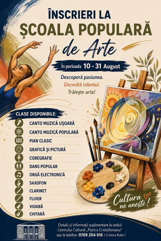 Start la înscrieri. Cursuri gratuite la Centrul Cultural ,,Florica Cristoforeanu" 1 cursuri gratuite Centrul Cultural Florica Cristoforeanu