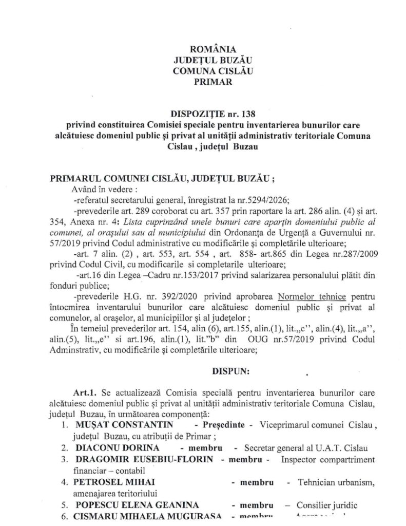 anunț Primăria Cislău, inventariere bunuri domeniu public privat Cislău