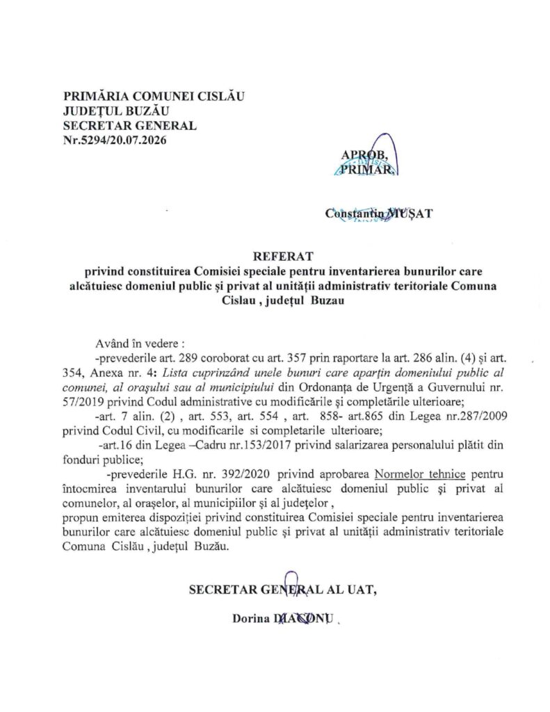 anunț Primăria Cislău, inventariere bunuri domeniu public privat Cislău