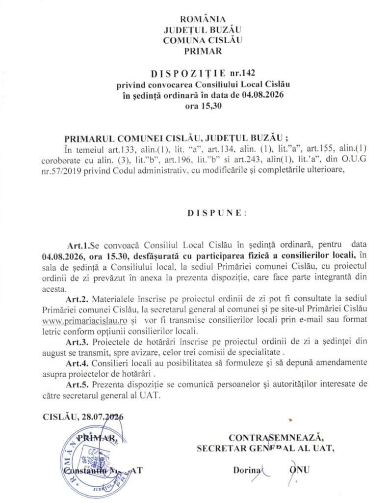 CISLĂU. Ședința Consiliului Local. Ce proiecte sunt pe ordinea de zi din 4 august 1 ordine de zi ședință CL Cislău, ședințăconsiliu local Cislău