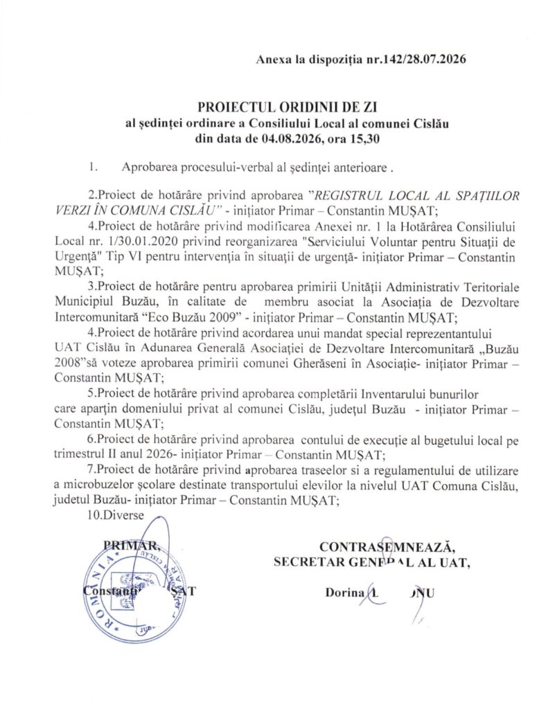CISLĂU. Ședința Consiliului Local. Ce proiecte sunt pe ordinea de zi din 4 august 2 ordine de zi ședință CL Cislău, ședințăconsiliu local Cislău