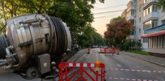 (VIDEO) Asfalt surpat, autovidanjă blocată. Compania de Apă: Utilizarea necorespunzătoare a canalizării, singura cauză