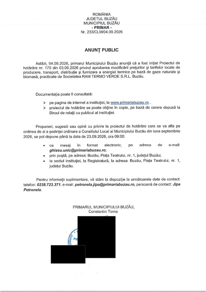 Se modifică tarifele pentru abonații RAM TERMO VERDE. ANUNȚUL PRIMĂRIEI BUZĂU 1 anunț public Primăria Buzău, modificare tarife Ram Termo Verde
