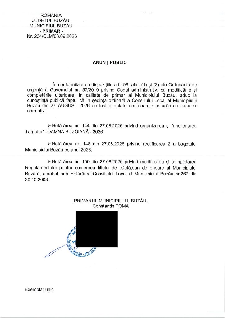 PRIMĂRIA BUZĂU. ANUNȚ PUBLIC. Hotărârile cu caracter normativ adoptate în ședința CLM din 27 august 1