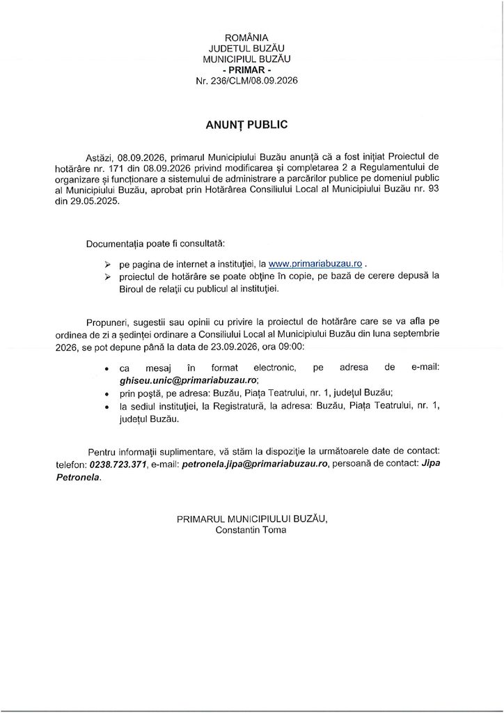 Se schimbă iar regulamentul de administrare a parcărilor din Buzău. Anunțul public al Primăriei Buzău 1 anunț public Primăria Buzău, proiect CLM Buzău regulament parcări