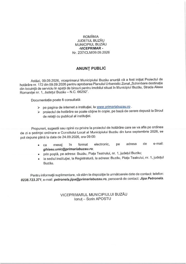 anunț public Primăria Buzău, proiect CLM Buzău dezbatere publică