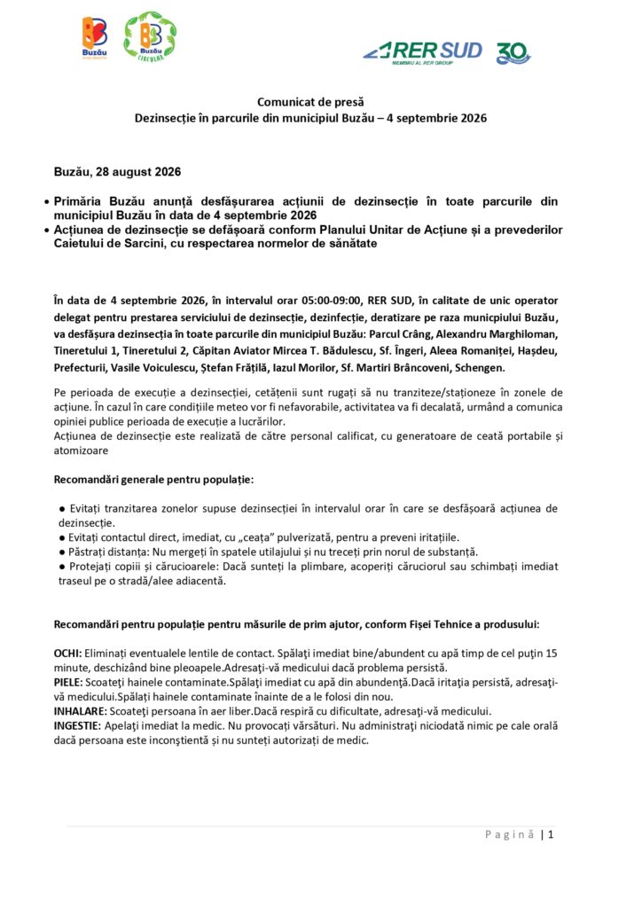 comunicat de presă Primăria Buzău, dezinsecție parcuri Buzău etapa septembrie 2026