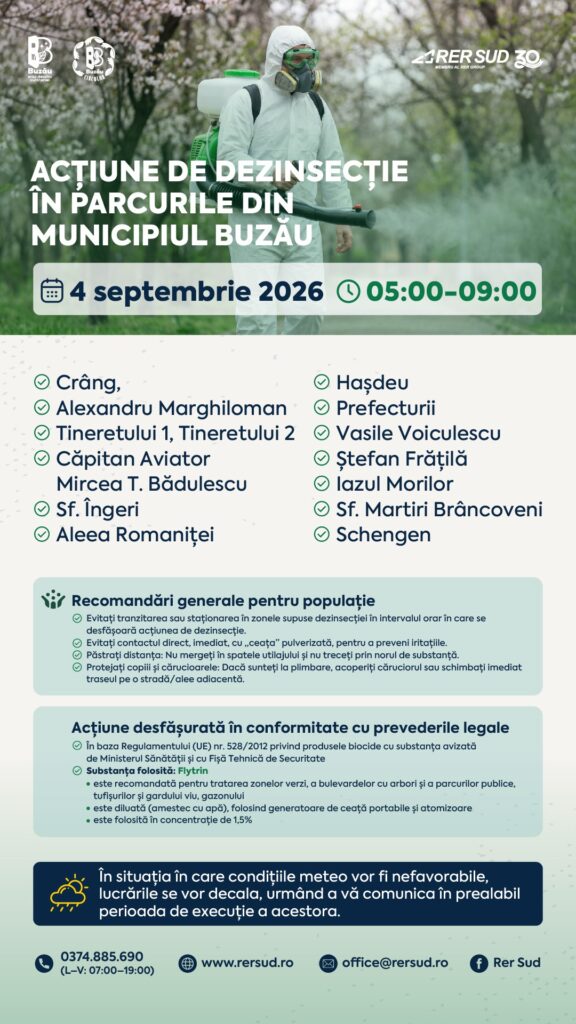 comunicat de presă Primăria Buzău, dezinsecție parcuri Buzău etapa septembrie 2026