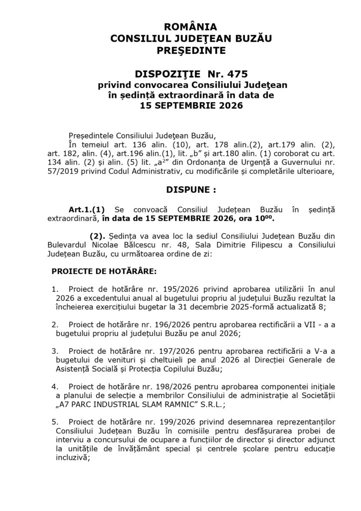 Ședință extraordinară la Consiliul Județean. Ce proiecte sunt pe ordinea de zi de mâine, 15 septembrie 1 Consiliul Județean Buzău, ședință Consiliul Județean Buzău, ședință extraordinară Consiliul Județean 15 septembrie ordine de zi