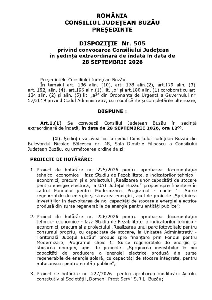 AZI. Ședință extraordinară la Consiliul Județean. Ce proiecte au determinat convocarea de îndată a aleșilor 1 parc fotovoltaic Consiliul Județean Buzău, ședință de îndată Consiliul Județean Buzău, ședință extraordinară Consiliul Județean Buzău 28 septembrie 2026