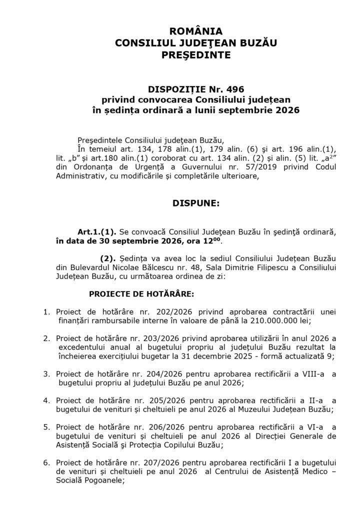 Ședință la Consiliul Județean. Ce proiecte sunt pe ordinea de zi de miercuri, 30 septembrie 1 proiecte ședință Consiliul Județean Buzău septembrie