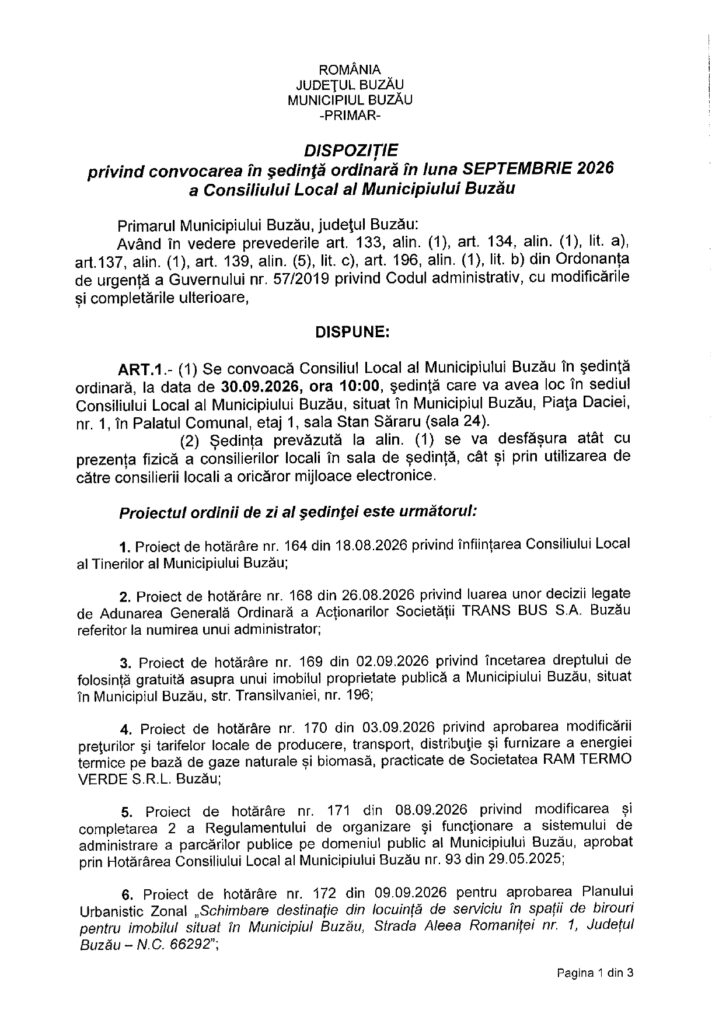Ședință la Palatul Comunal. Ce proiecte sunt pe ordinea de zi a CLM din 30 septembrie 1 proiecte ordine de zi CLM Buzâu 2026, ședință CLM Buzău septembrie 2026