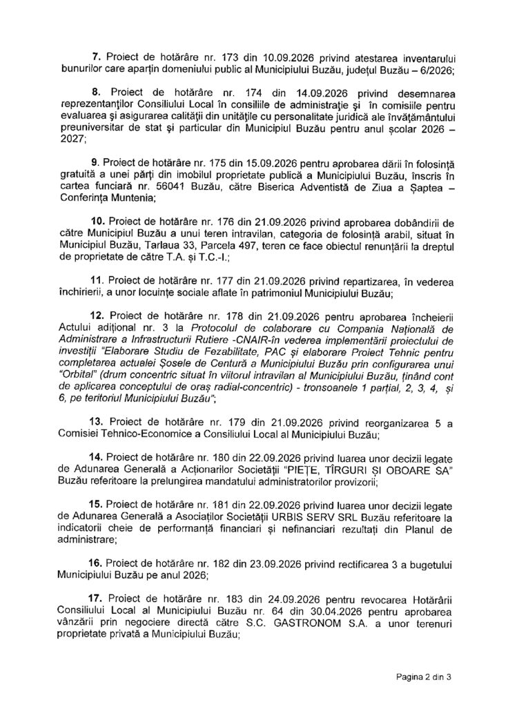 Ședință la Palatul Comunal. Ce proiecte sunt pe ordinea de zi a CLM din 30 septembrie 2 proiecte ordine de zi CLM Buzâu 2026, ședință CLM Buzău septembrie 2026