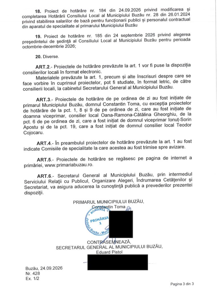 Ședință la Palatul Comunal. Ce proiecte sunt pe ordinea de zi a CLM din 30 septembrie 3 proiecte ordine de zi CLM Buzâu 2026, ședință CLM Buzău septembrie 2026