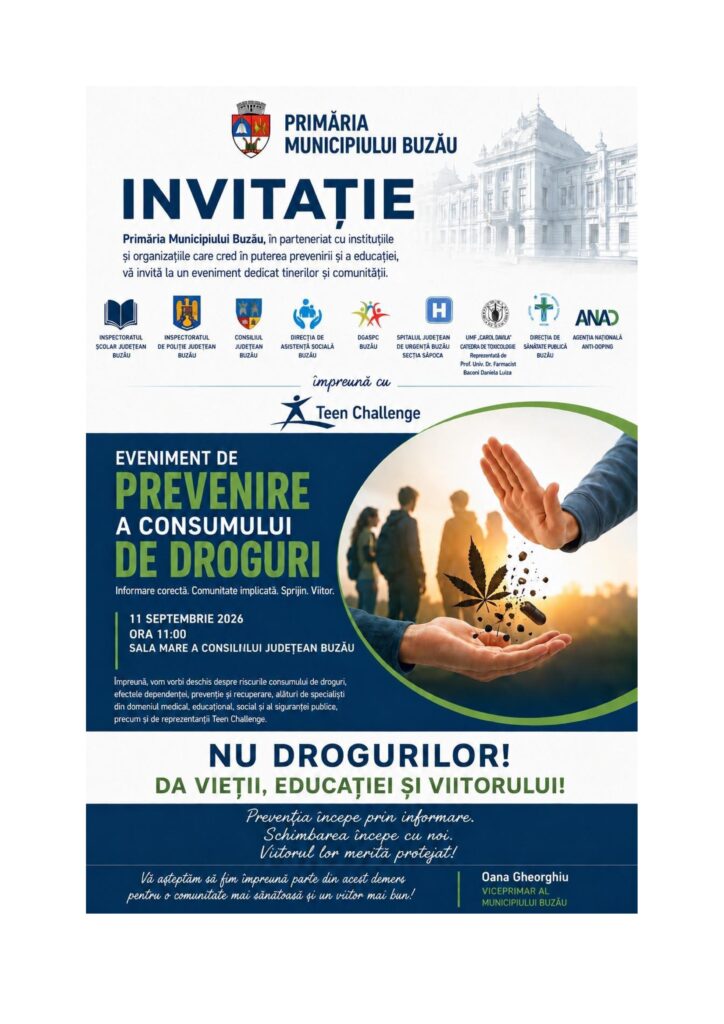 NU DROGURILOR! Tinerii, provocați la o dezbatere pe tema riscurilor. Anunțul Primăriei Buzău 1 comunicat de presă Primăria Buzău, dezbatere riscuri consum droguri, eveniment prevenire consum droguri Buzău