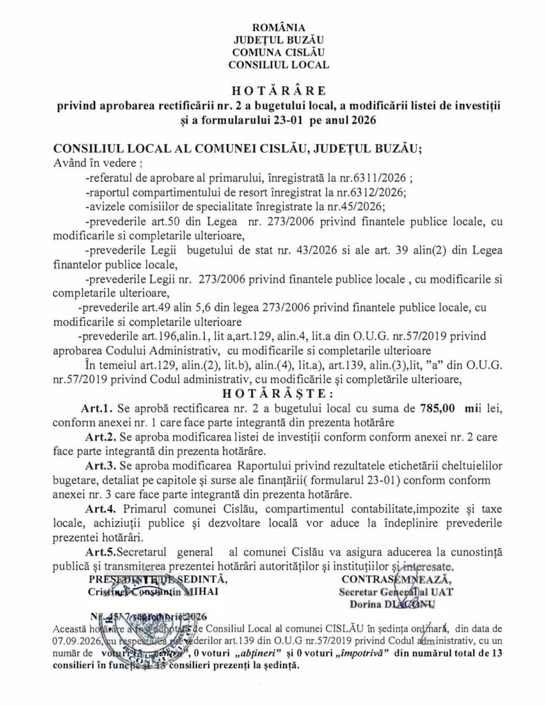 CISLĂU. Rectificare bugetară pentru Primărie 1 rectificare bugetară Primăria Cislău