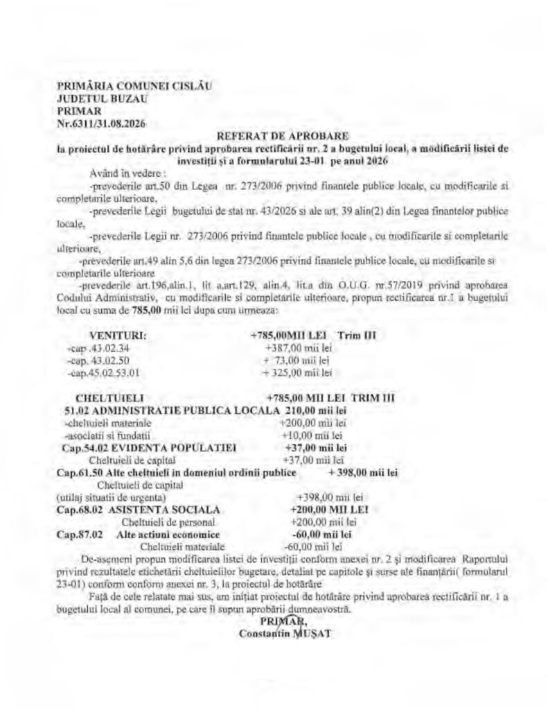 CISLĂU. Rectificare bugetară pentru Primărie 2 rectificare bugetară Primăria Cislău