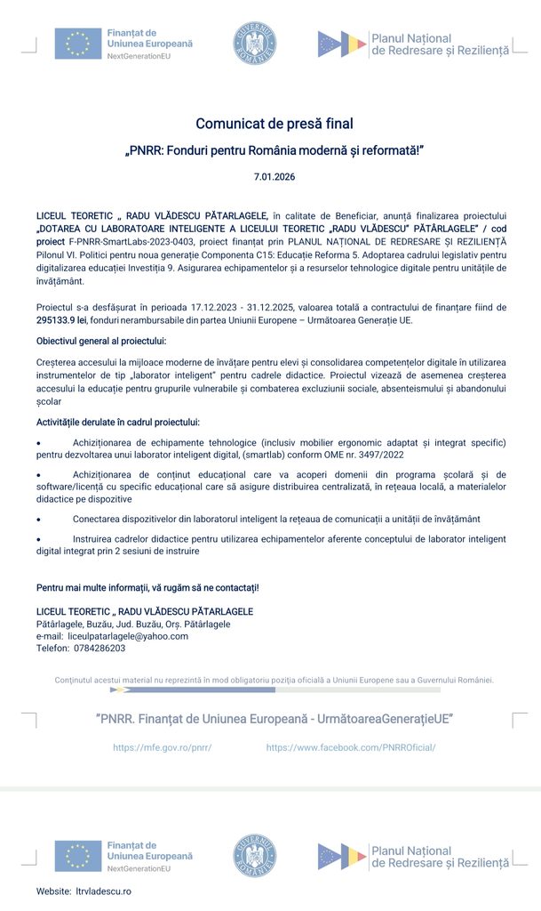 Liceul Teoretic Radu Vlădescu Pătârlagele, proiect PNRR