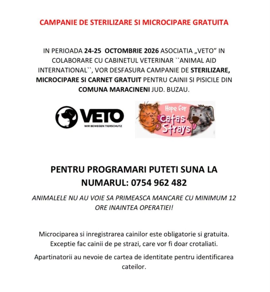 MĂRĂCINENI. O nouă campanie gratuită de sterilizare a câinilor și pisicilor, în perioada 23-25 octombrie 1 campanie sterilizare câini și pisici Mărăcineni octombrie 2026, primăria mărăcineni
