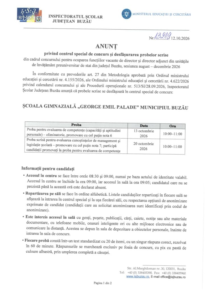 Breaking news. Candidații, chemați să dea probele scrise ale examenului. Document emis de Inspectorat, în urmă cu puțin timp 1 document loc desfășurare probe scrise concurs directori