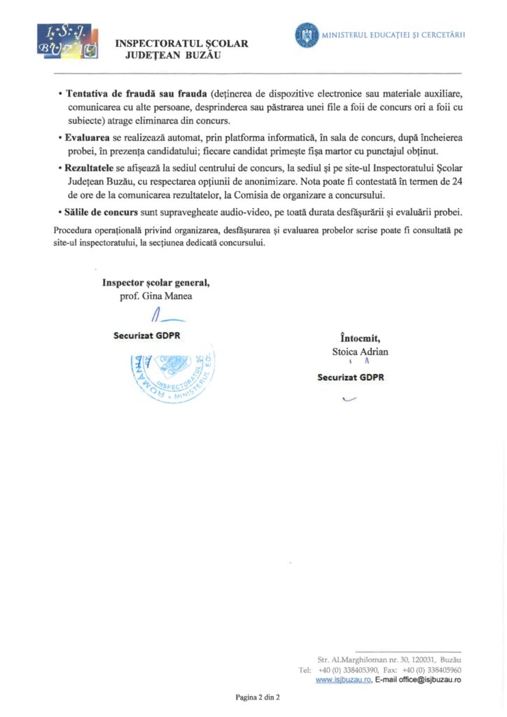 Breaking news. Candidații, chemați să dea probele scrise ale examenului. Document emis de Inspectorat, în urmă cu puțin timp 2 document loc desfășurare probe scrise concurs directori