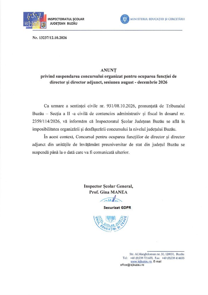 Concurs SUSPENDAT! Decizia este oficială, o găsiți AICI! 1 suspendare concurs directori școli Buzău 12 octombrie 2026